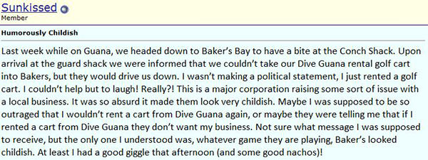 Abaco Forum comment about Discovery Land Company not letting golf carts owned by Dive Guana into resort.
