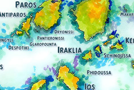 Map of the Cyclades Island drawn with Copic markers