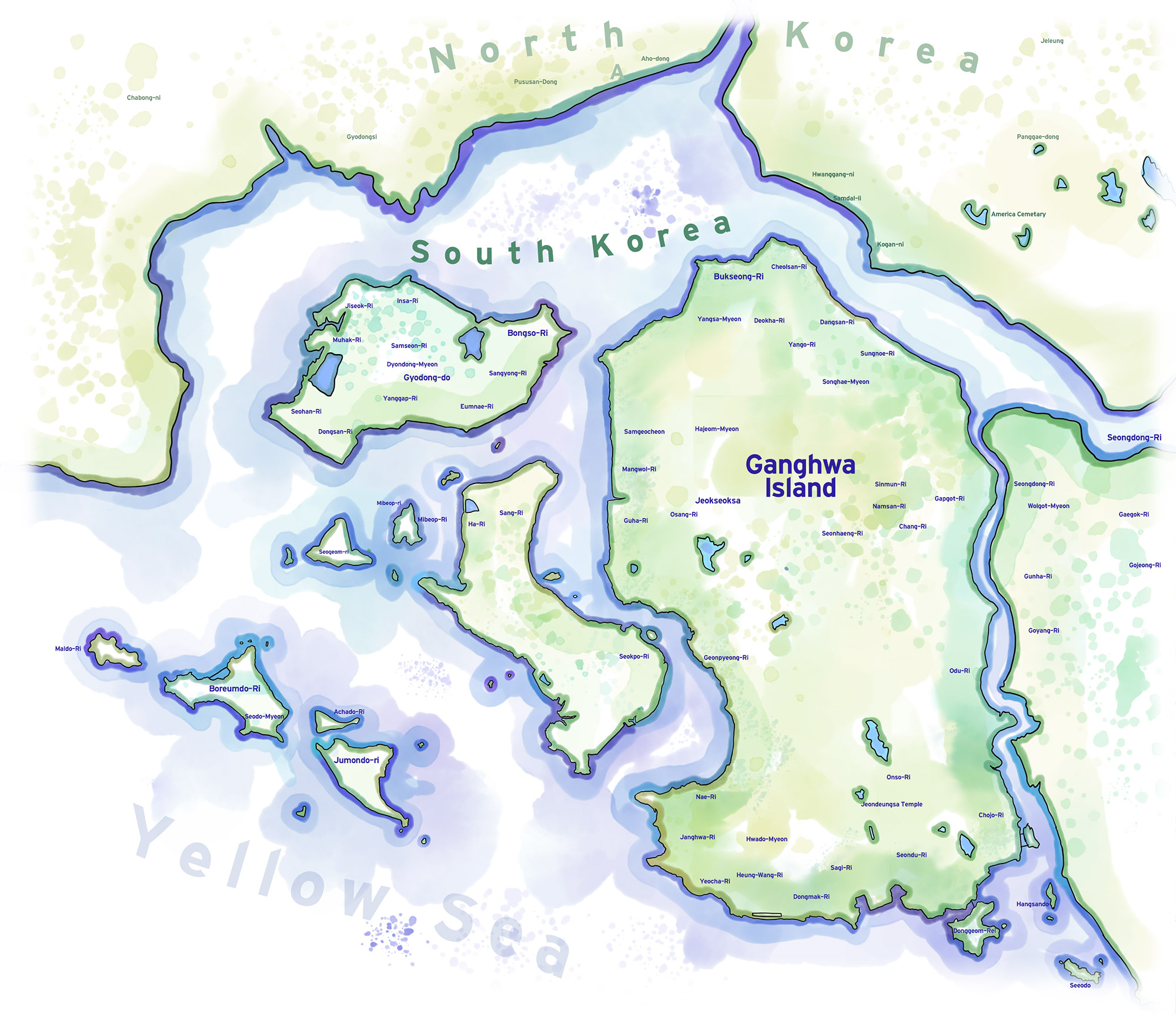 Watercolor and Adobe Fresco illustrated map showing Ganghwa Island, nearby islands, and surrounding regions of North and South Korea along the Yellow Sea.