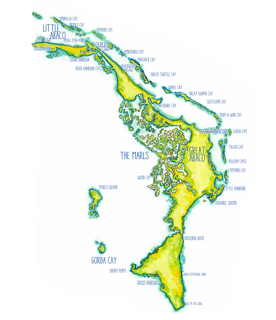Abaco Islands Map. Handpainted map of Great Abaco and Little Abaco.