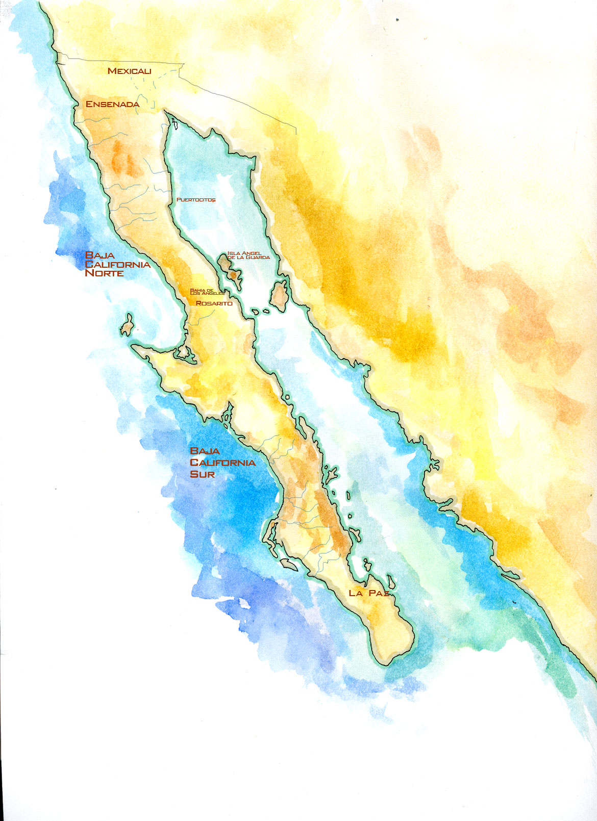 Baja Map.  Map of Baja Peninsula, Mexico.