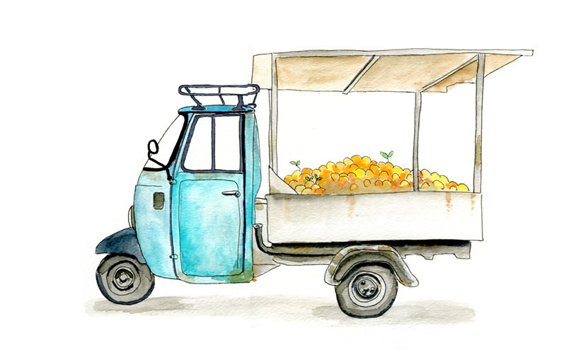 Watercolor Piaggio Ape 3-Wheeled Truck