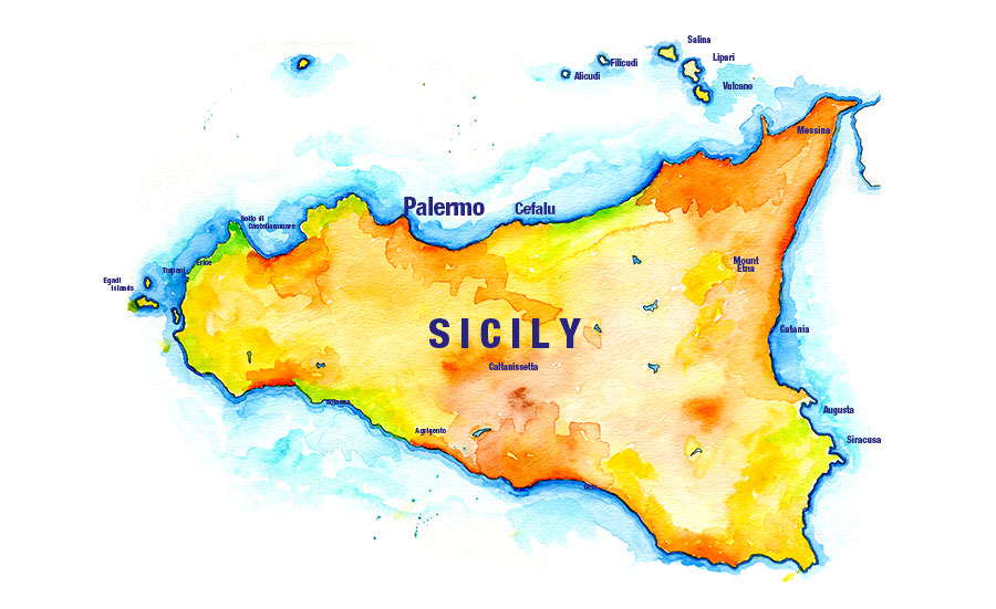 Handpainted map of Sicily