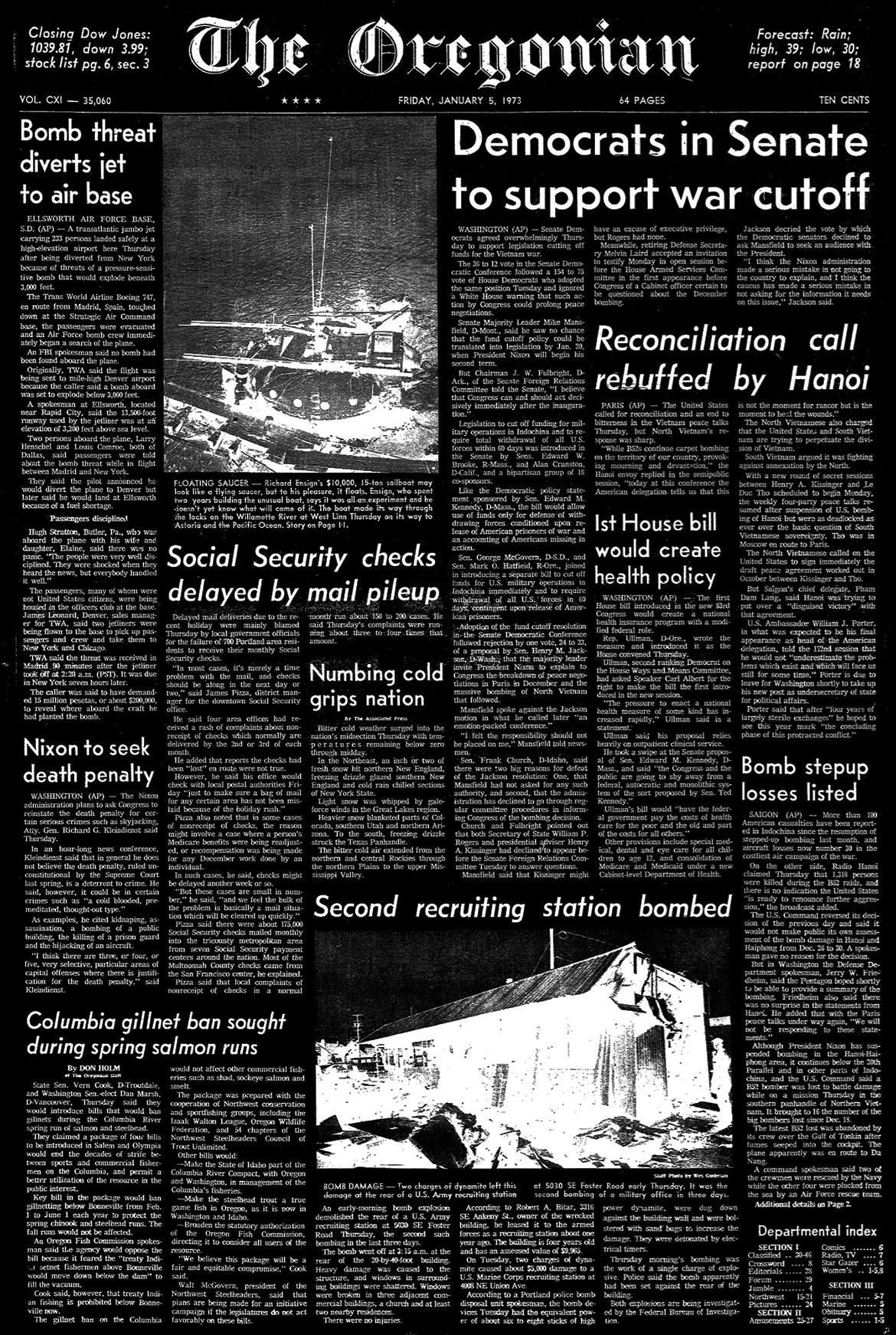 The Oregon on January 5, 1973, covering Richard Ensign's maiden voyage