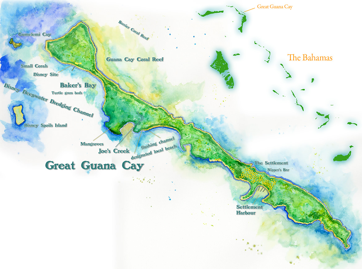 Map of Great Guana Cay and Treasure Island, Bahamas