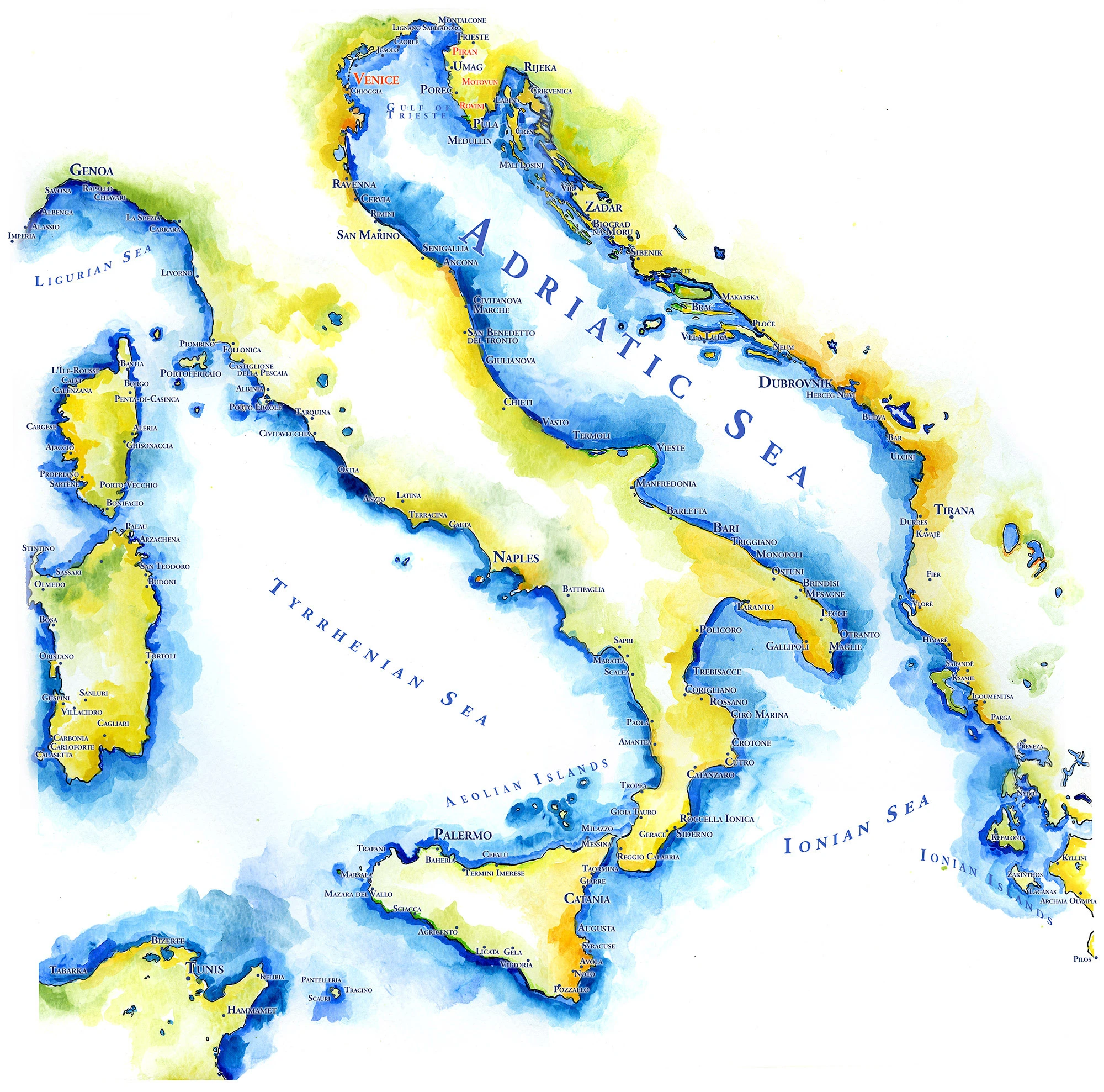 Map of the Adriatic Sea, handpainted by Erik Gauger
