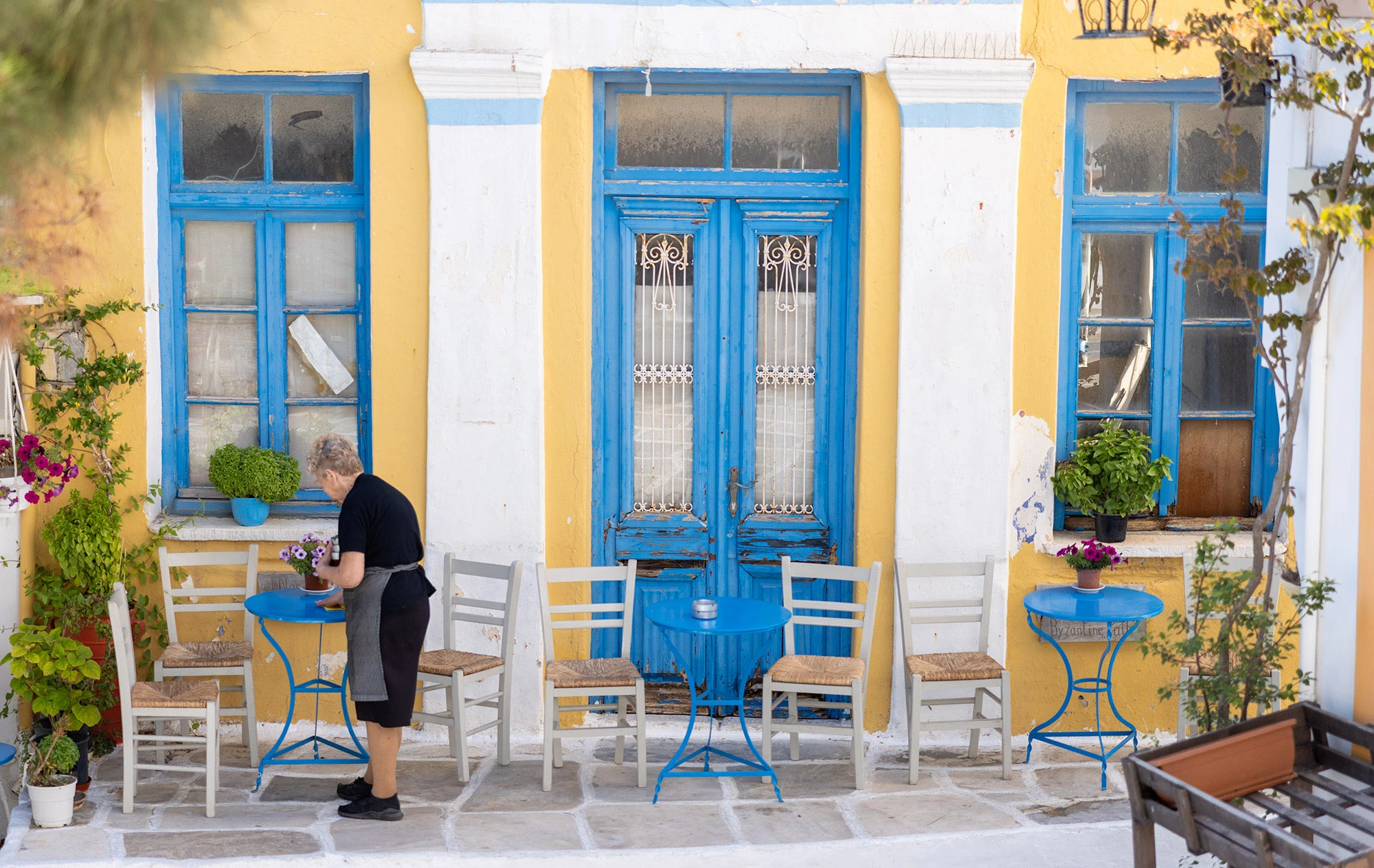 Blue and Yellow Cafe Doors in Lefkes, Greece