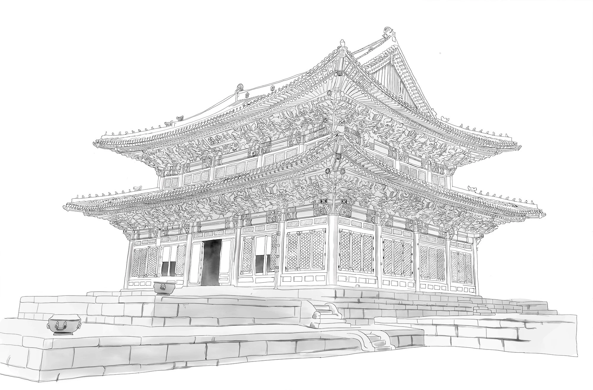 Line drawing and watercolor of Munjeongjeon Council Hall at Changgyeonggung in Seoul