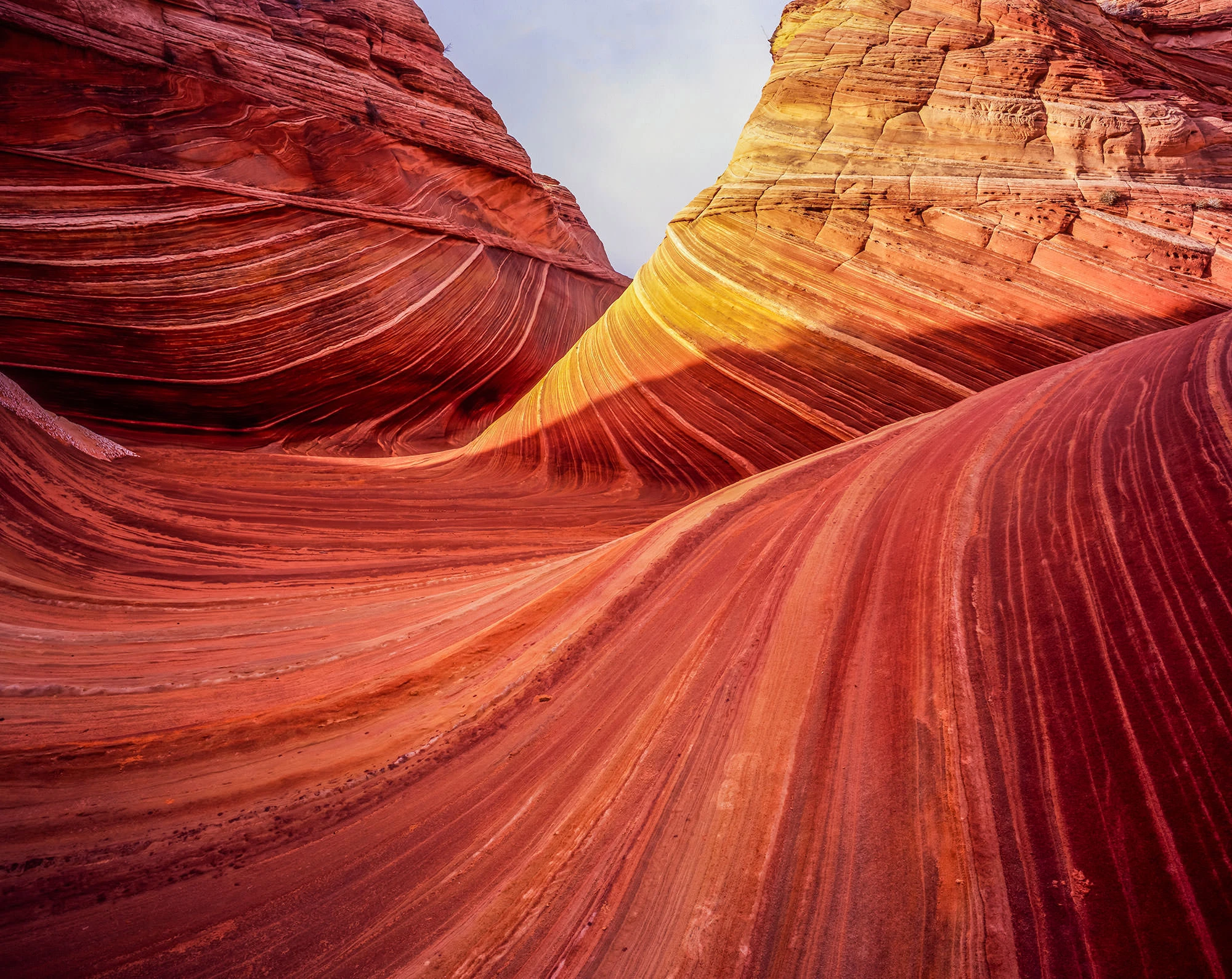 Radiant view of The Wave in Coyote Buttes North, the sandstone bands glowing in deep red, orange, and yellow hues under clear desert light. The sweeping rock curves rise and fall like liquid frozen in time, drawing the eye into the surreal geology of the Vermilion Cliffs.