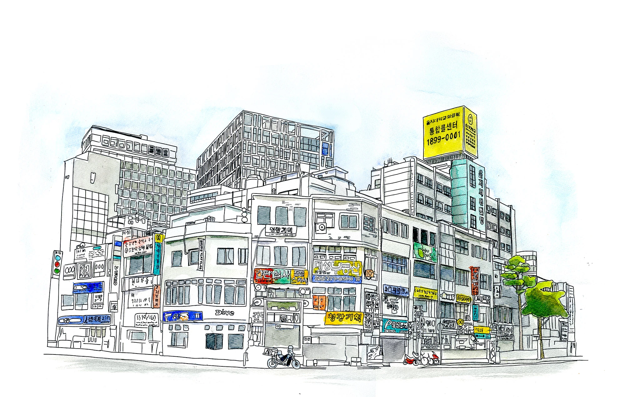 Watercolor sketch of the Euljiro 4-ga intersection in central Seoul, showing old shopfronts with colorful Korean signs beneath mid-century concrete buildings and the yellow Eulji Foundation rooftop sign, blending the district's industrial past with its modern skyline.