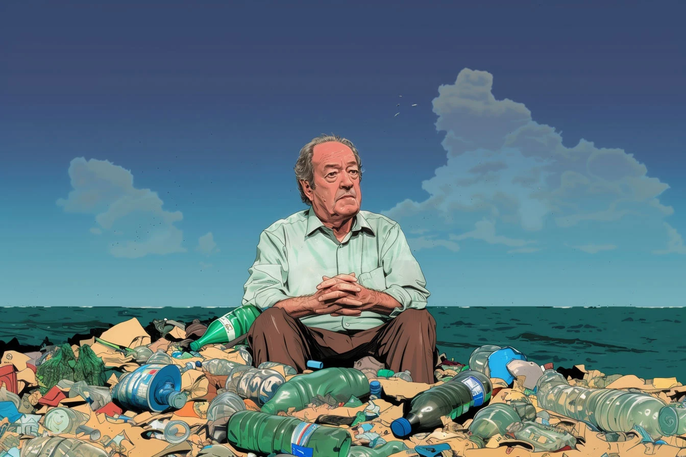 An illustration of Patrick Moore, offering disinformation about the Great Pacific Garbage Patch