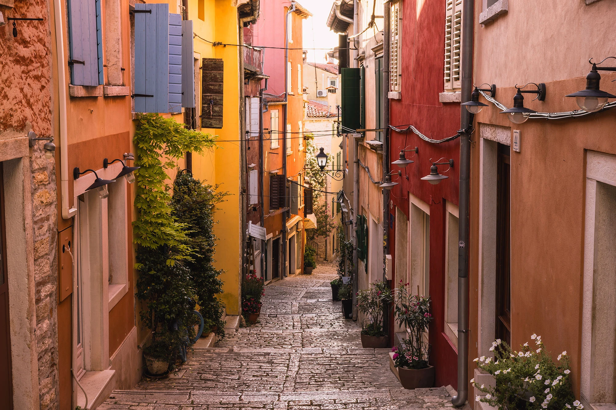 A predawn shot of Rovinj's Grisia Street shows cobblestones, stone buildings with shuttered windows, and soft blue-pink sky lighting the scene.