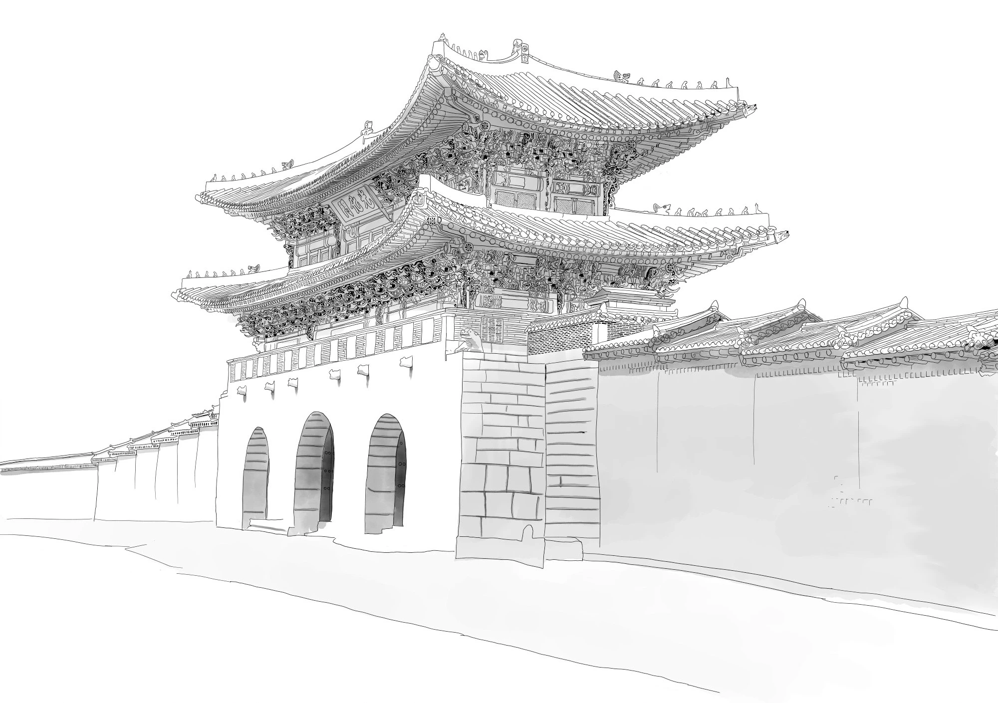 Gwanghwamun Gate, sketched with inkwash.