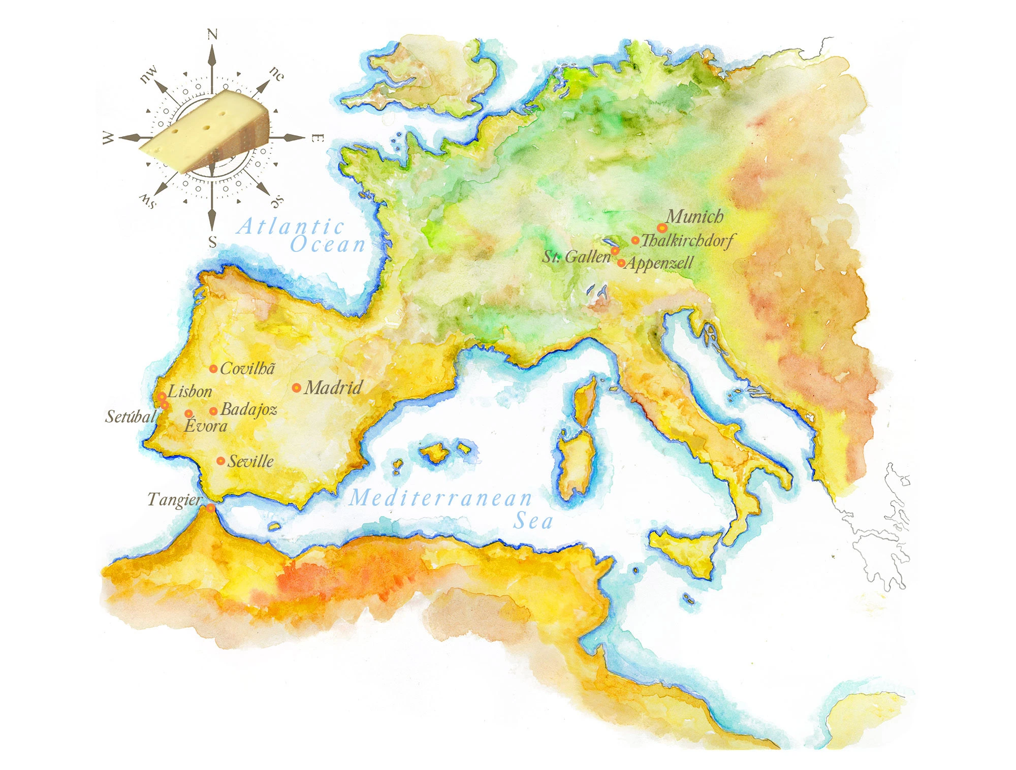Handpainted watercolor map of Europe highlighting historic cheese regions