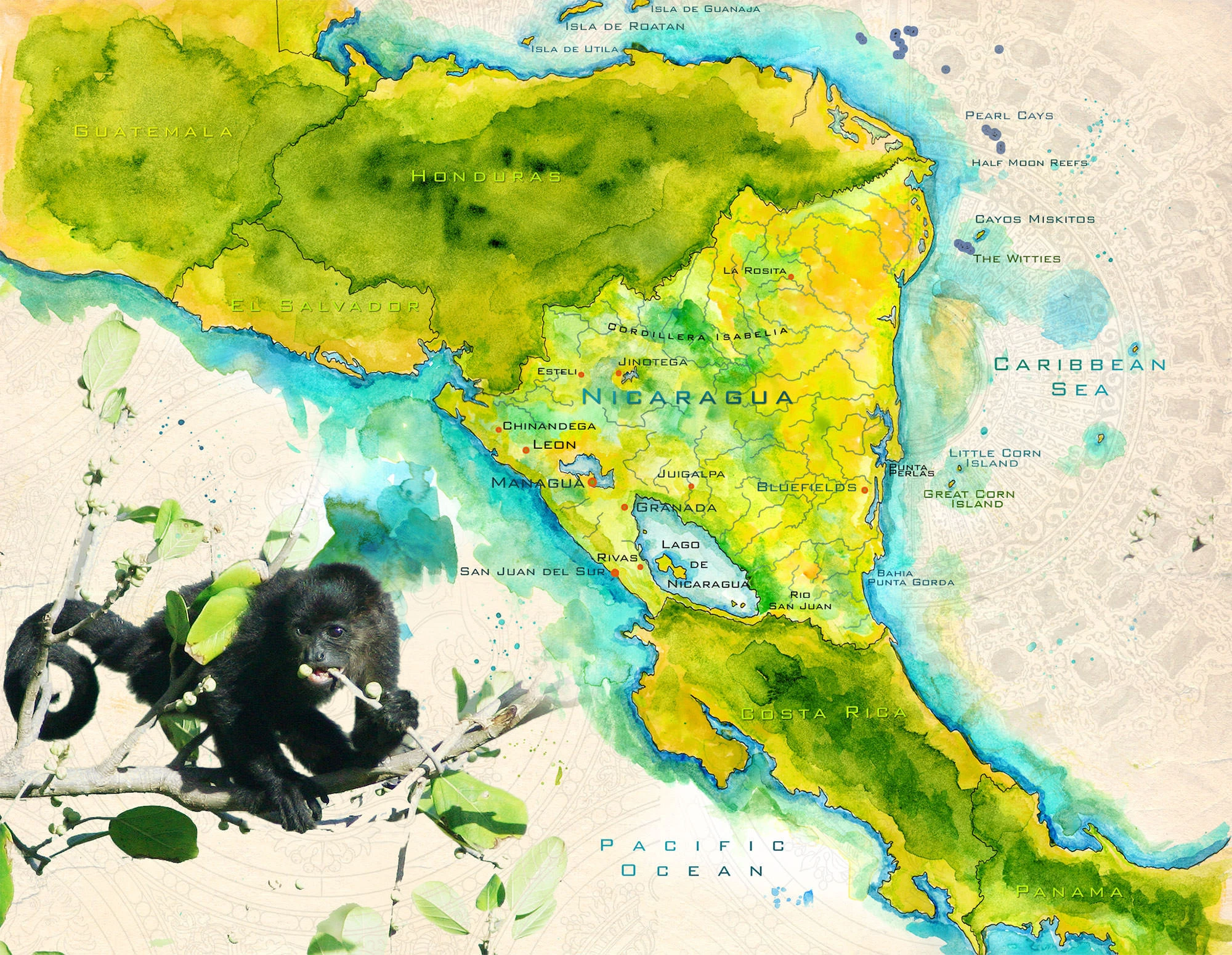 Handpainted watercolor map of Nicaragua