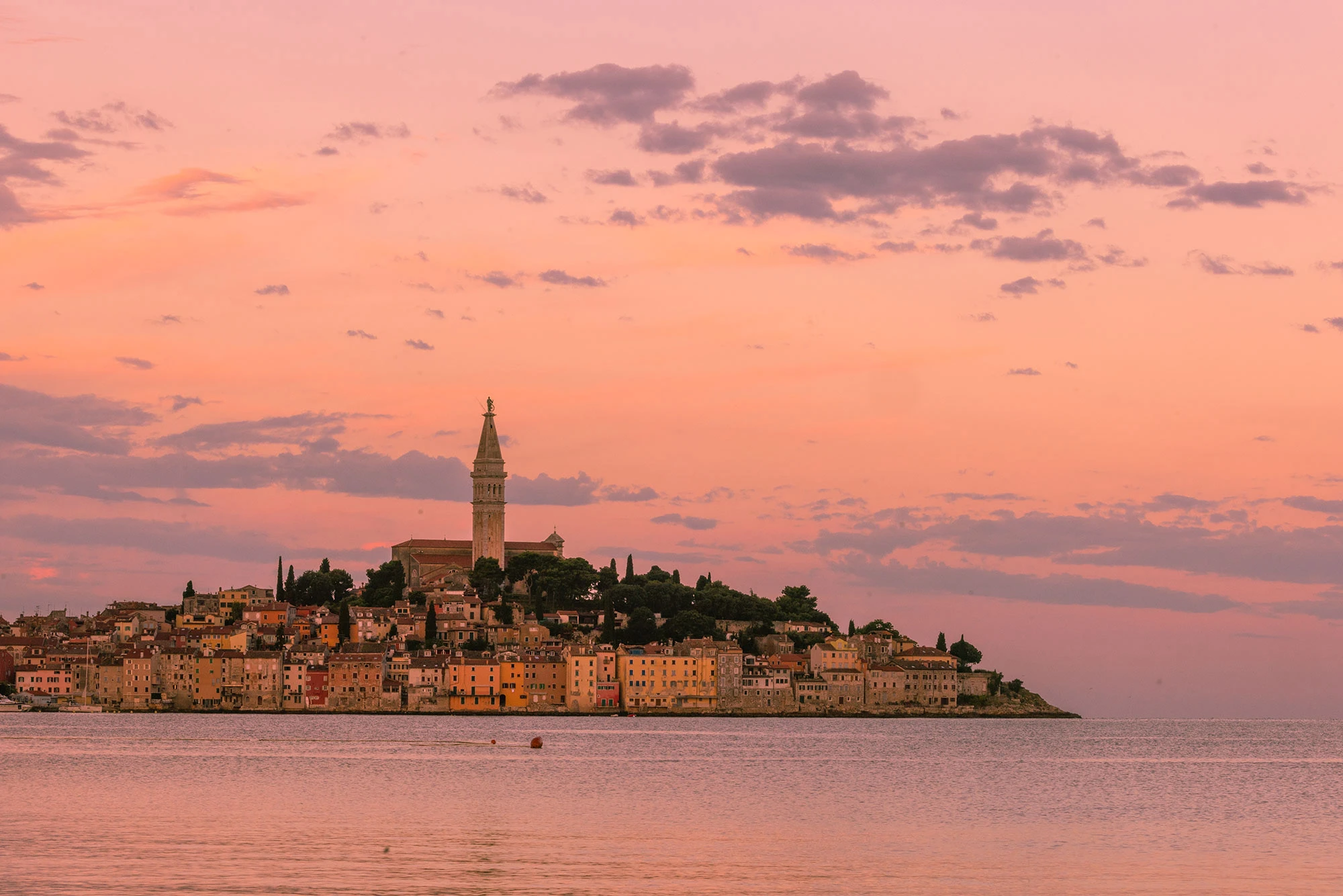A predawn view of Rovinj shows pastel-colored buildings and a church tower against a soft, bluish-purple sky, reflected in calm waters.