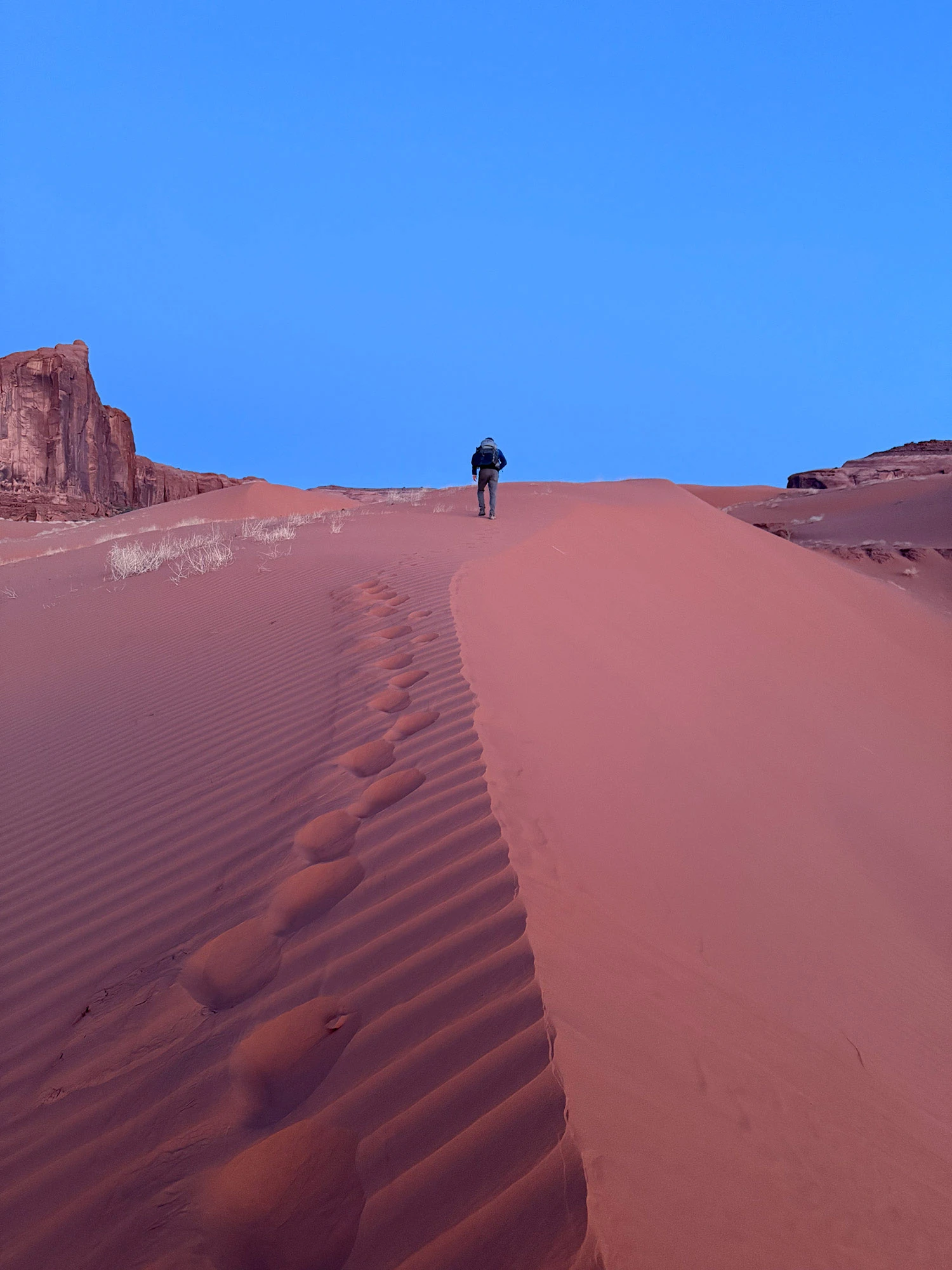 Hiker climbing the Sand Springs dunes at dawn, overlooking sandstone monoliths where small groups of Ancestral Puebloans once built cliff dwellings and granaries.