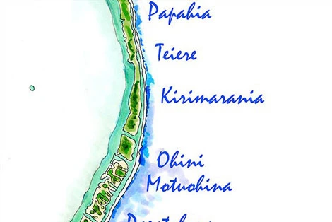Handpainted watercolor and Copic marker map of Tikehau Atoll